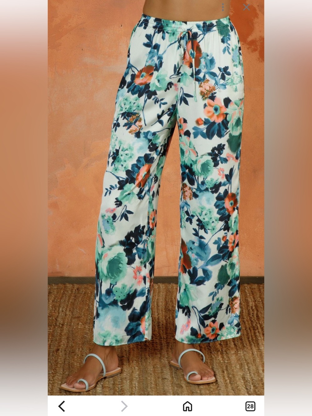 Wide-Leg Floral Lounge Pants - White with Teal & Coral Floral